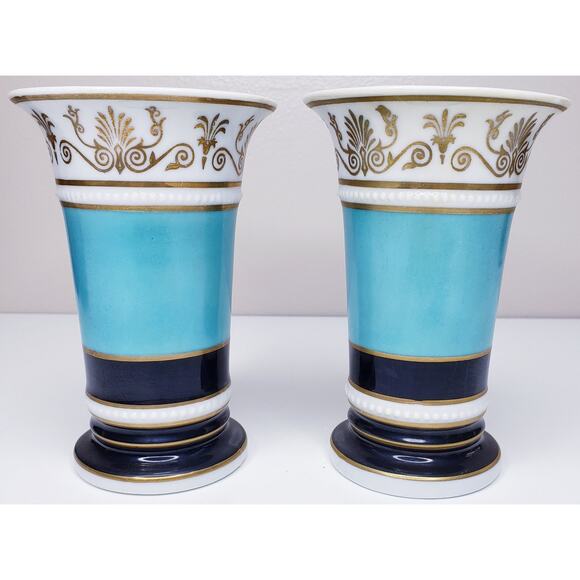Vintage MOTTAHEDEH DESIGN Pair of 5 1/2" Vases Black Aqua & Gold - Picture 3 of 14